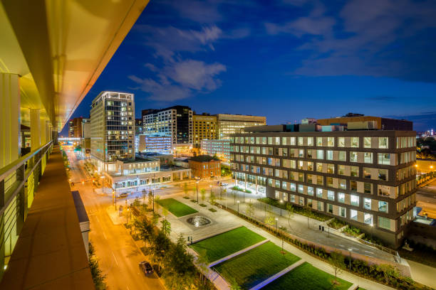 Eager Park and Johns Hopkins Hospital at night, in Baltimore, Maryland stock photo
