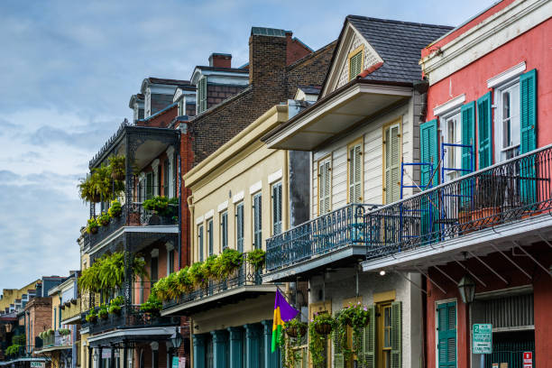 Colorful buildings in the French Quarter, in New Orleans, Louisiana stock photo