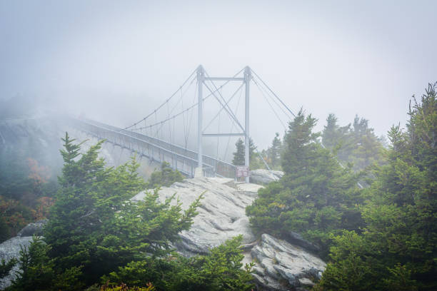 die mile high swinging bridge im nebel, am grandfather mountain, north carolina - wnc stock-fotos und bilder