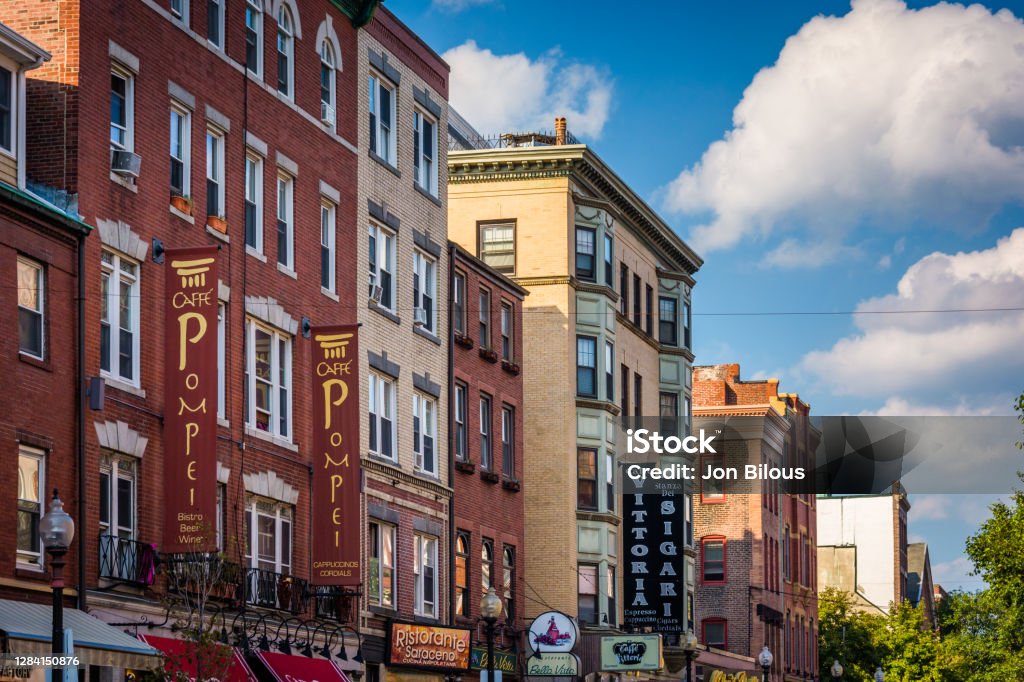 Businesses along Hanover Street, in the North End of Boston, Massachusetts North End - Boston Stock Photo