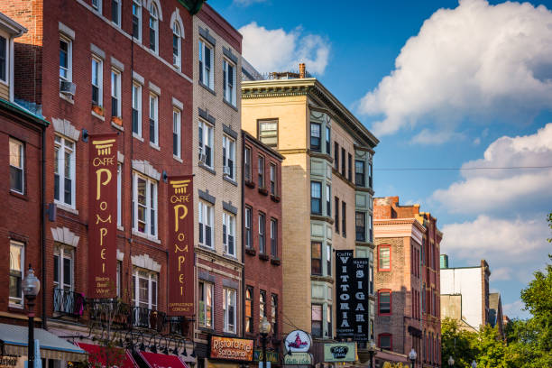 Businesses along Hanover Street, in the North End of Boston, Massachusetts Businesses along Hanover Street, in the North End of Boston, Massachusetts north end boston photos stock pictures, royalty-free photos & images