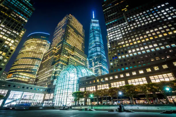 1 World Trade Center and buildings in Battery Park City at night, in Lower Manhattan, New York.