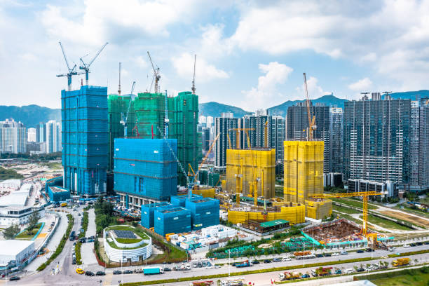 홍콩 건설 현장의 에어리얼 뷰 샷 - construction concrete large building activity 뉴스 사진 이미지