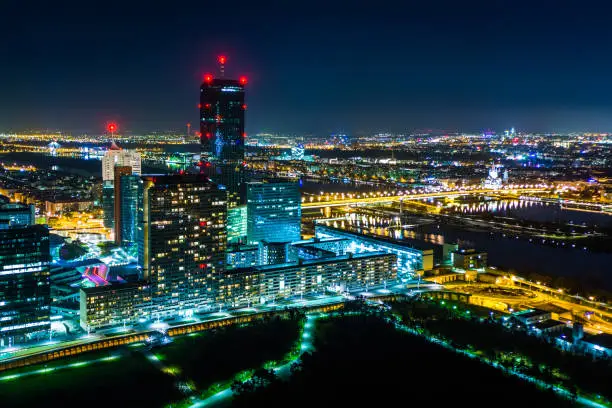 View of Donau City at night, from the Donauturm, in Vienna, Austria