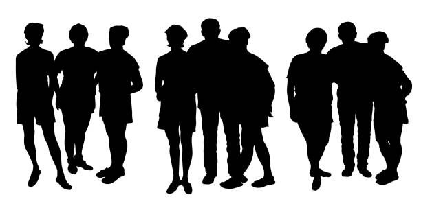 естественные формы изолированные векторные силуэты группы взрослых в трех вариантах, 4, 4, люди, 3 женщины и мужчина, стоят в летней одежде на  - маленькая группа объектов stock illustrations