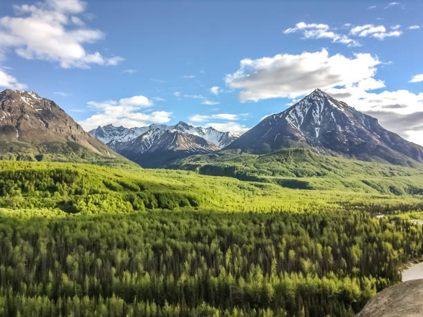 The mountains of Alaska are on full display at this vista sight. Traveling along the rural highways of Interior Alaska, many sites like this can be observed.