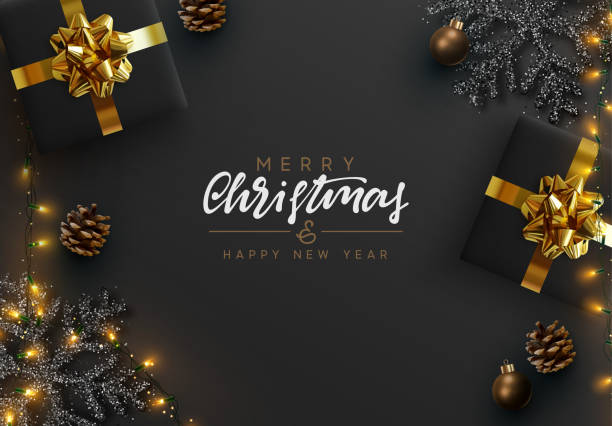Christmas background. Christmas banner. Background Xmas design of sparkling lights garland, realistic gifts box, black snowflake and glitter gold. Christmas poster, greeting cards, headers, website. Stylish black pattern merry christmas stock illustrations