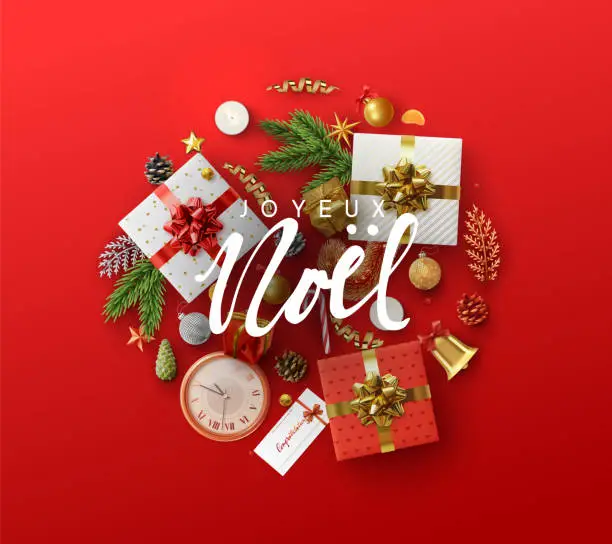 Vector illustration of French text Joyeux Noel. Christmas greeting card with holiday objects.