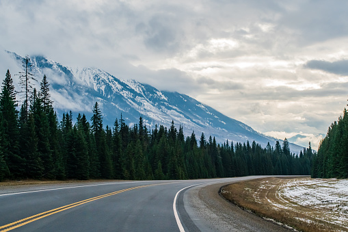 Single Lane Highway in Winter through the Rocky Mountains in British Columbia