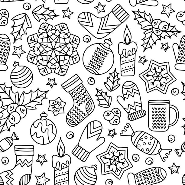 ilustraciones, imágenes clip art, dibujos animados e iconos de stock de bocetos de invierno patrón sin costuras. libro para colorear o tela. telón de fondo vectorial en blanco y negro. - vector illustration and painting backgrounds sock