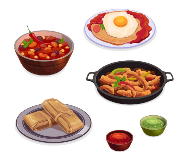 ilustraciones, imágenes clip art, dibujos animados e iconos de stock de platos de cocina mexicana con comida tradicional - sweet chili