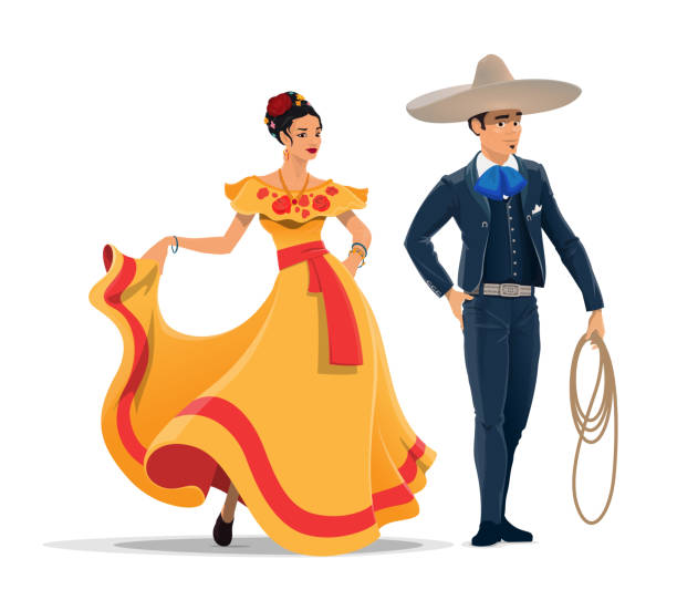 illustrations, cliparts, dessins animés et icônes de homme et femme mexicains avec des vêtements nationaux - skirt