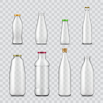 Bottle and jar realistic mockups of vector glass containers isolated on transparent background. Empty bottles for water, juice and milk drinks, sauce, yogurt, oil and soft beverages with metal caps