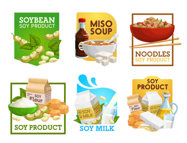 соевые продукты питания и соевые продукты вектор значки набор - soy products stock illustrations