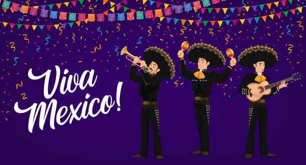 Viva Mexico banner with mexican Mariachi musicians Viva Mexico vector banner. mexican Mariachi musicians band in sombrero and national costumes playing guitar, maracas and trumpet with flag garland and confetti. Cinco de Mayo fiesta party cartoon card national heritage site stock illustrations