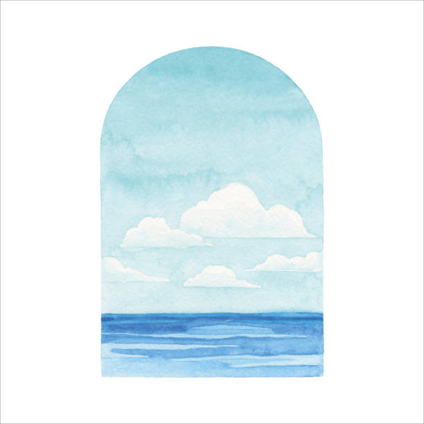 수채화 바다 풍경 프레임 - horizon over water water wave wind stock illustrations