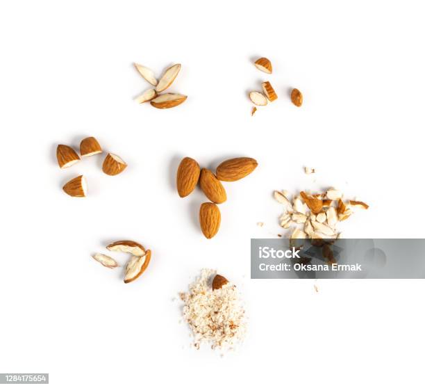 Crushed Almonds Isolated On White Background Closeup Stock Photo - Download Image Now