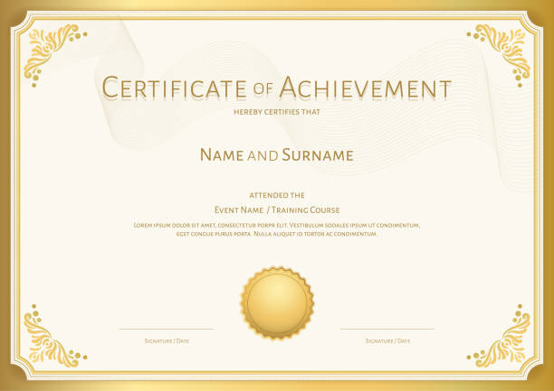 шаблон сертификата класса люкс с элегантной пограничной рамой, дипломный дизайн для окончания или завершения - certificate frame award gold stock illustrations