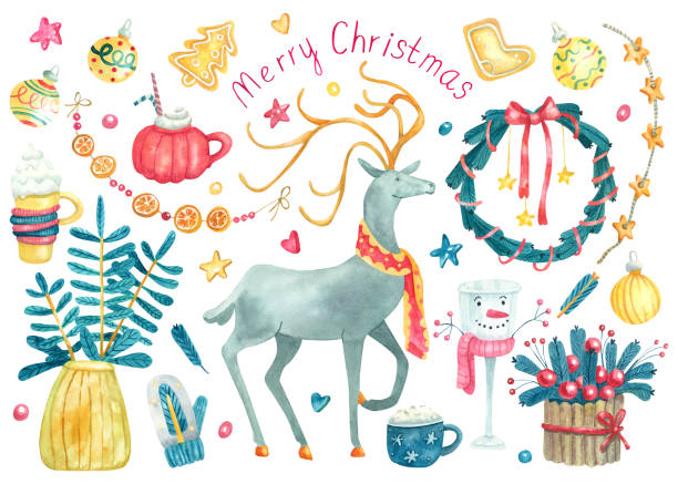 Watercolor set with Christmas decorations,  food and drinks. Watercolor big set with Christmas decorations, sweet food and drinks. Gold baubles, garland, gingerbread, mitten, deer, wreath, cute mugs. Hand painted  illustration isolated on white. Great for Xmas poster and greeting cards design. knitted pumpkin stock illustrations