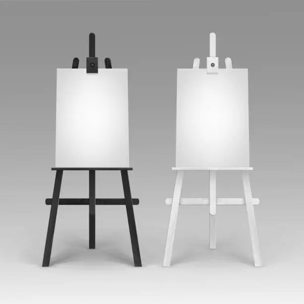 Vector illustration of Vector Set of Wooden Black White Easels with Mock Up Empty Blank Vertical Canvases Isolated on Background