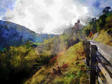 Digital painting of a dry stone wall cuts through the vista of green trees, fields and hills in the Peak District National park. The flat top of Shuttlingsloe can be seen in the distance.