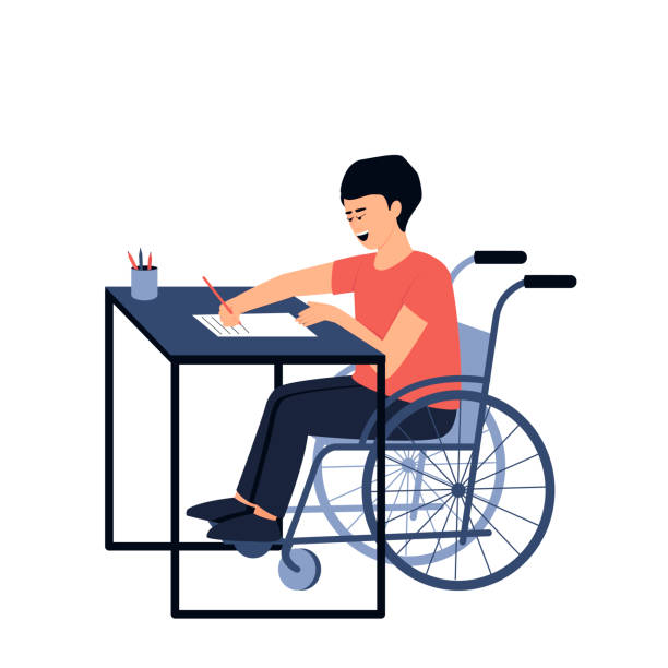 bildbanksillustrationer, clip art samt tecknat material och ikoner med studenten med funktionshinder sitter vid sitt skrivbord och gör sina läxor - disabled teen boy school