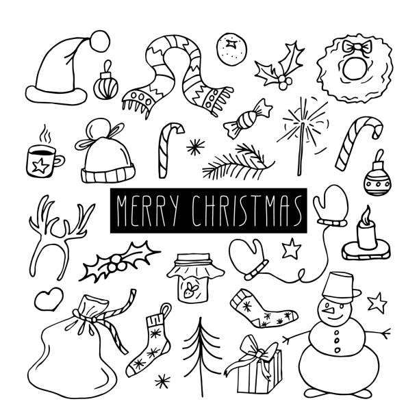 istock Christmas Doodle set with snowman,wreath, sparklers, Holly, gift bag,Christmas balloon and other cute decorations. Hand drawn vector illustration used for seasonal design,packaging of advent calendars 1284190952
