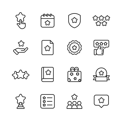 16 Favourite and Bookmark  Outline Icons. Star, Human Hand, Review, Feedback, Rating, Quality Control, Calendar, Meeting, Shield, Badge, Five Star, Document, File, Office, Award, Success, Book, Reading, Gift, Ribbon, Web Banner, Checklist, Text Message.