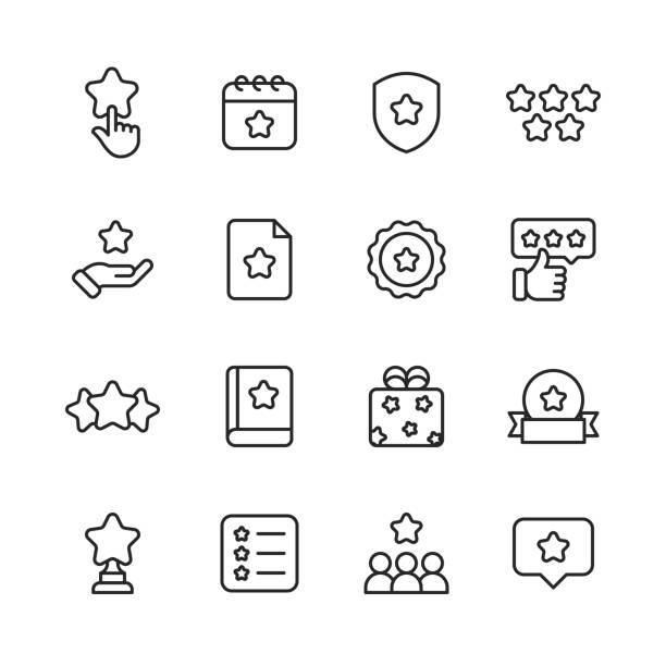 Favourite and Bookmark  Line Icons. Editable Stroke. Pixel Perfect. For Mobile and Web. Contains such icons as Star, Human Hand, Review, Feedback, Rating, Calendar, Shield, Badge, Five Star, Document, Award, Book, Gift, Ribbon, Web Banner, Checklist. 16 Favourite and Bookmark  Outline Icons. Star, Human Hand, Review, Feedback, Rating, Quality Control, Calendar, Meeting, Shield, Badge, Five Star, Document, File, Office, Award, Success, Book, Reading, Gift, Ribbon, Web Banner, Checklist, Text Message. first class stock illustrations