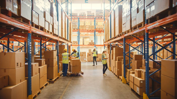 retail warehouse full of shelves with goods in cardboard boxes, workers scan and sort packages, move inventory with pallet trucks and forklifts. product distribution delivery center. - building interior fotos imagens e fotografias de stock