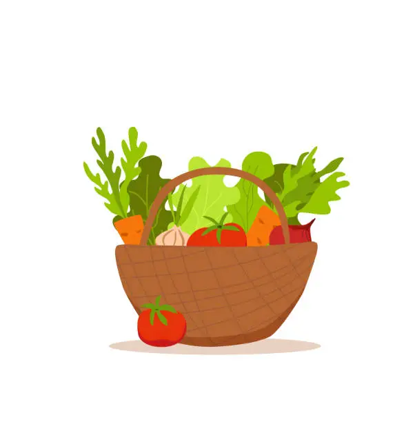 Vector illustration of Basket with vegetables colorful cartoon vector illustration.