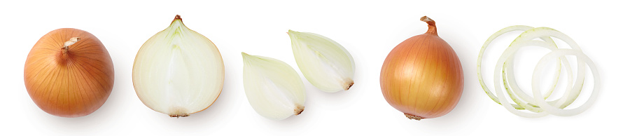 A set of whole and sliced onions isolated on white background.