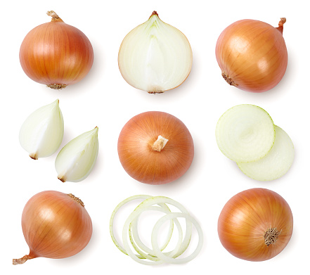 Whole and sliced onion bulbs isolated on white background. Top view.