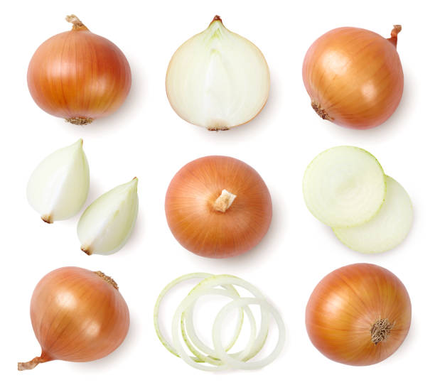 Onion set Whole and sliced onion bulbs isolated on white background. Top view. onion photos stock pictures, royalty-free photos & images