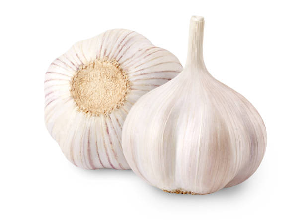 Garlic cut out Raw whole garlic isolated on white background. Full depth of field. garlic clove photos stock pictures, royalty-free photos & images