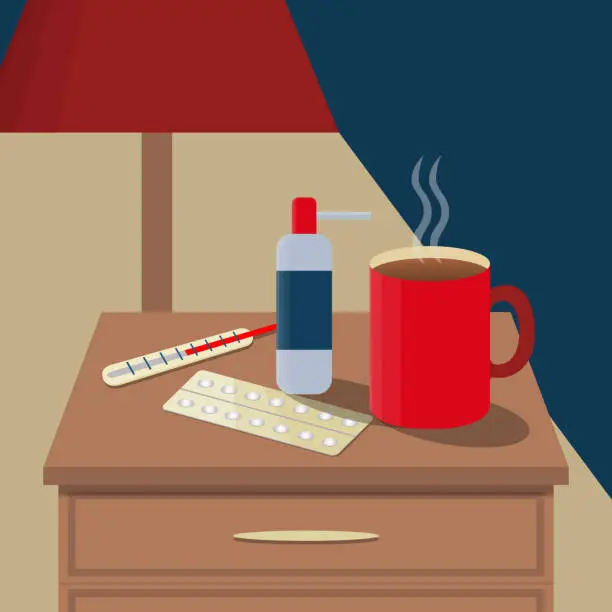 Vector illustration of Medicine and cup of tea on the bedside table. Disease concept: pills, thermometer, throat spray by the bed, night, lamp, dark background. Vector flat illustration of illness, infection, treatment.