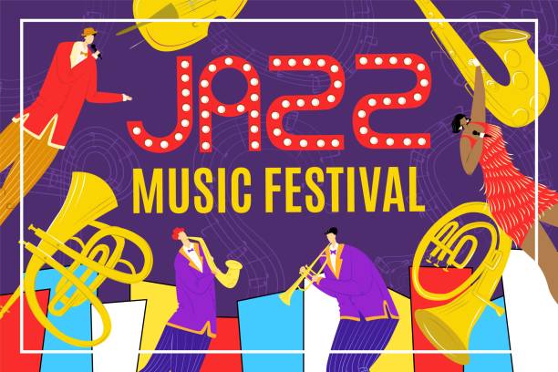 ilustrações de stock, clip art, desenhos animados e ícones de jazz festival with saxophone instrument, jazz singer and saxophonist playing music poster, vector illustration. billbord of musical show. - billbord