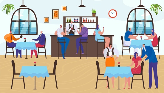 Restaurant Interior People Group Man Woman Sitting In Bar Cartoon Lifestyle  Vector Illustration People Character Drink At Cafe Table Stock Illustration  - Download Image Now - iStock