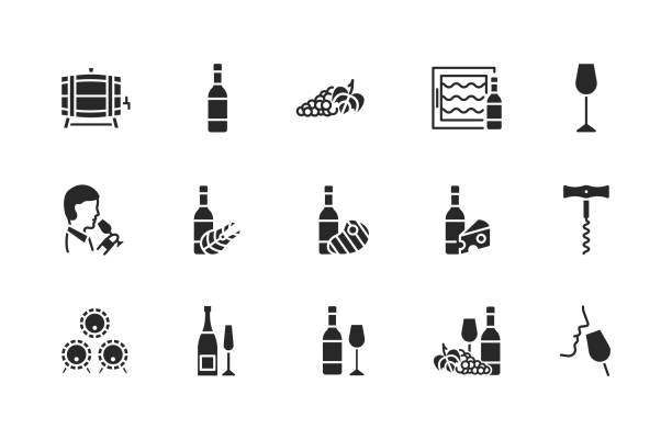 ilustrações de stock, clip art, desenhos animados e ícones de wine flat glyph icon set. vector illustration black symbols about different types of wine for fish, meat and cheese. grape, sommelier, cheese, barrel, corkscrew. - wine winetasting cellar bottle