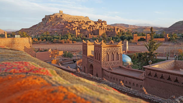 Ait Benhaddou Kasbah Berber sunrise or sunset view , Atlas Mountains, Morocco desert oasis photos stock pictures, royalty-free photos & images