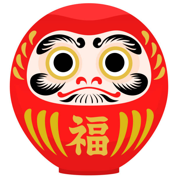 Illustration of red Daruma figurine for japanese new year The kanji written on the body is “Fuku” in Japanese, which means happiness. daruma stock illustrations