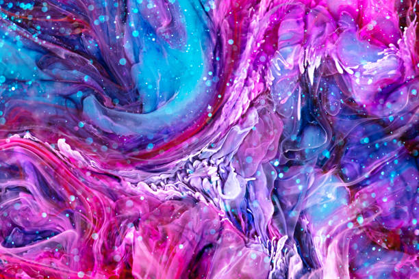 istock Epoxy resin paint with pink, turquoise and white colors. Liquid backdrop with splashes and ripples. Abstract frozen artwork with splatter inks. Vibrant pigments mixes on macrophotography poster. 1284201557