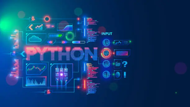 Vector illustration of Programming language python. Conceptual banner. Education coding computer language python. Technology of software develop. Writing code, learning artificial intelligence, AI, computer neural networks