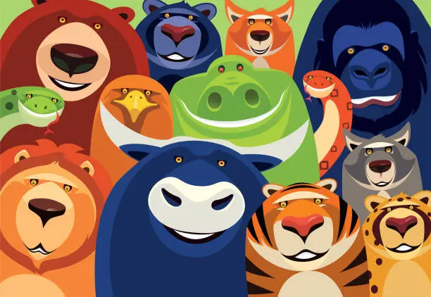 Vector illustration of group of cheerful wild animals meeting