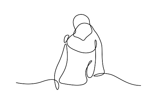 People embracing in continuous line art drawing style. One person giving the shoulder to another. Support and backing. Minimalist black linear sketch isolated on white background. Vector illustration