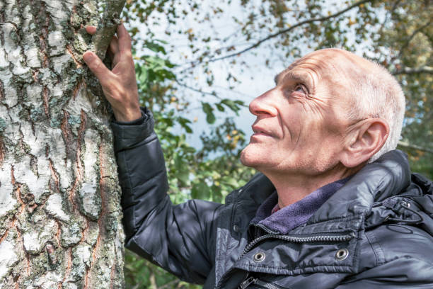 istock elderly man holding tree trunk birch and looking with sadness 1284208286