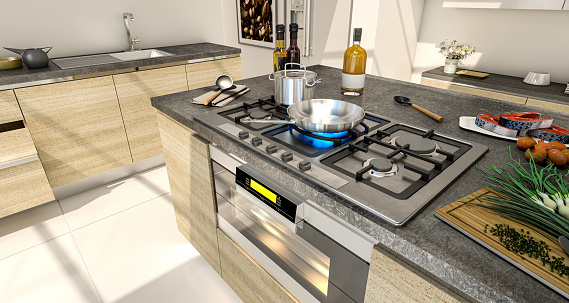 3D rendering of the Cooking area of a modern stylish kitchen