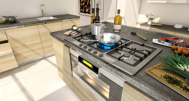 cooking area 3D rendering of the Cooking area of a modern stylish kitchen cooktop stock pictures, royalty-free photos & images