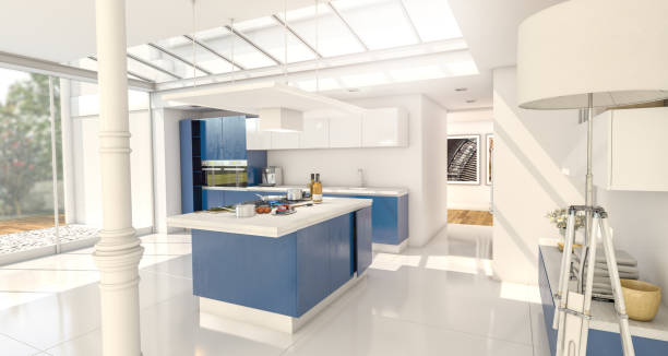 istock Industrial style domestic kitchen with skylight in blue and white 1284209284