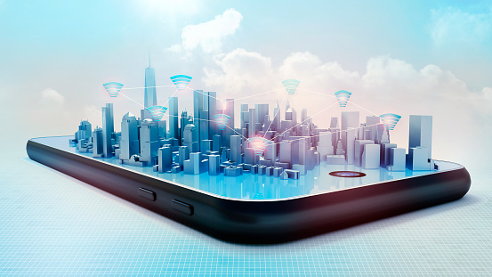 Conceptual 3D render of smart city hologram on smartphone screen. Wifi icons connections between buildings against light blue sky background.